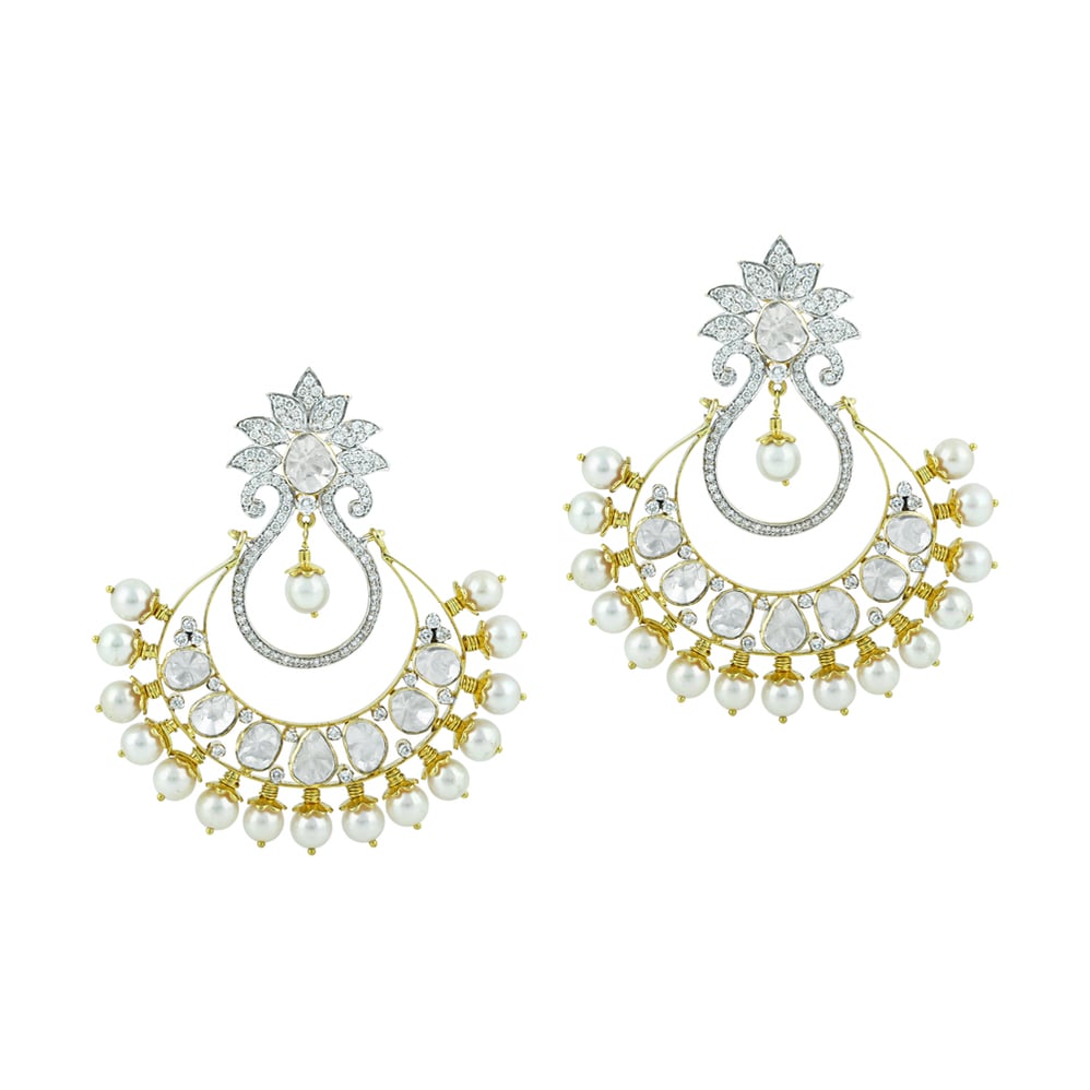Chandbali Earrings with Polki, Floral Design, and Pearls